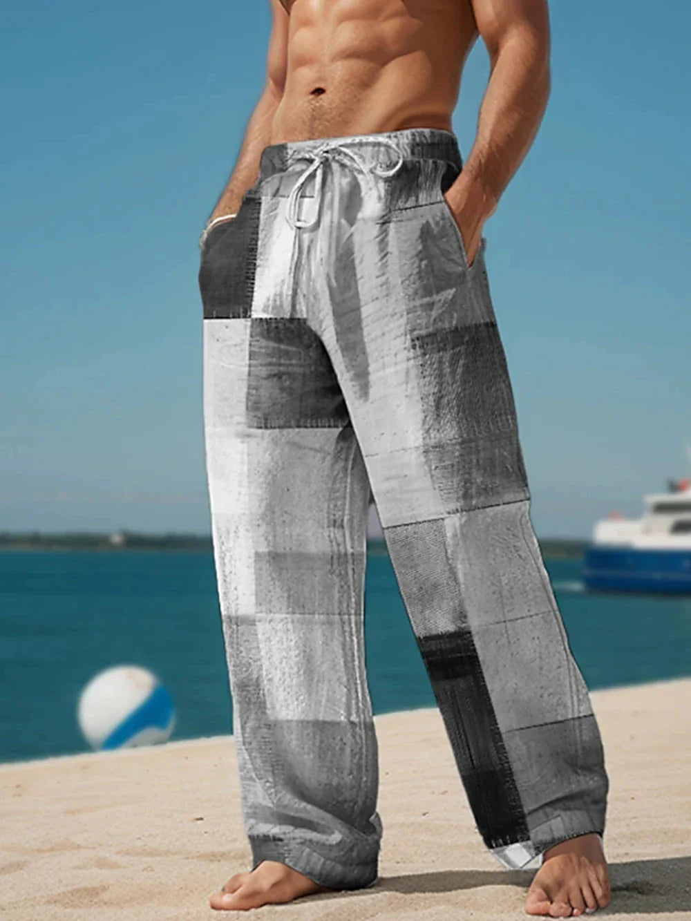 Plaid Color Block Men's Resort 3D Printed Casual Pants Trousers Elastic Waist Fit Straight-Leg Pant Summer Beach Pants 6XL