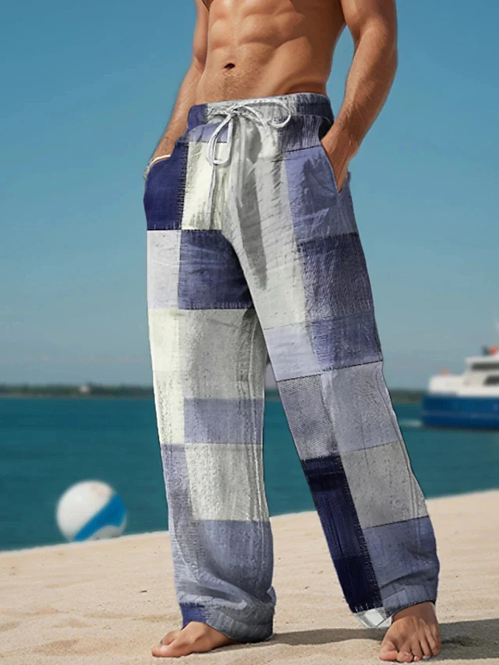 Plaid Color Block Men's Resort 3D Printed Casual Pants Trousers Elastic Waist Fit Straight-Leg Pant Summer Beach Pants 6XL