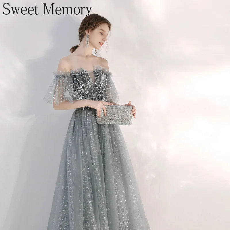 Customized Long Silver Gray Evening Dresses Sweet Celebrity Sequin Graduation Robes Soiree Dinner Wedding Party Dress Women