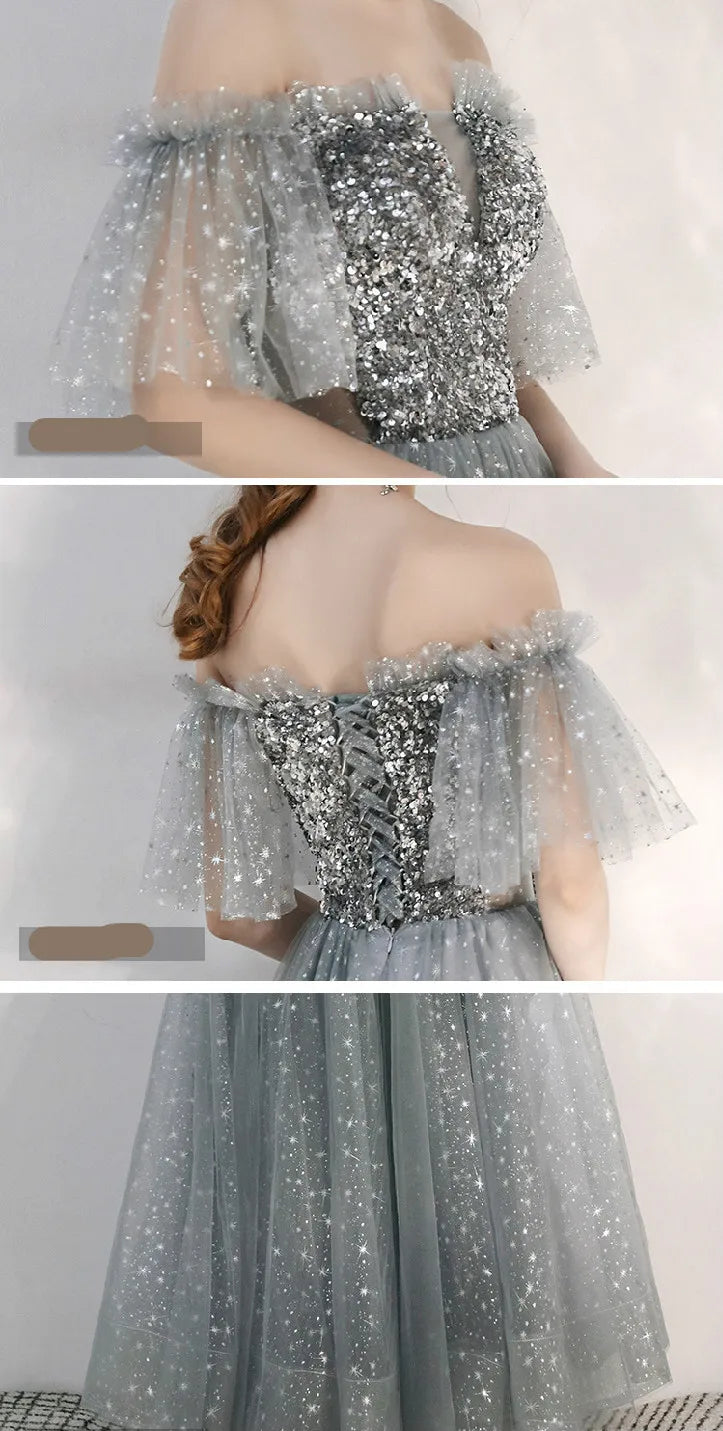 Customized Long Silver Gray Evening Dresses Sweet Celebrity Sequin Graduation Robes Soiree Dinner Wedding Party Dress Women