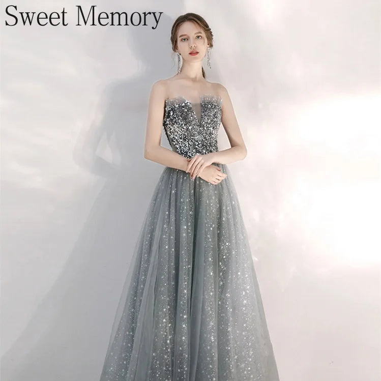 Customized Long Silver Gray Evening Dresses Sweet Celebrity Sequin Graduation Robes Soiree Dinner Wedding Party Dress Women