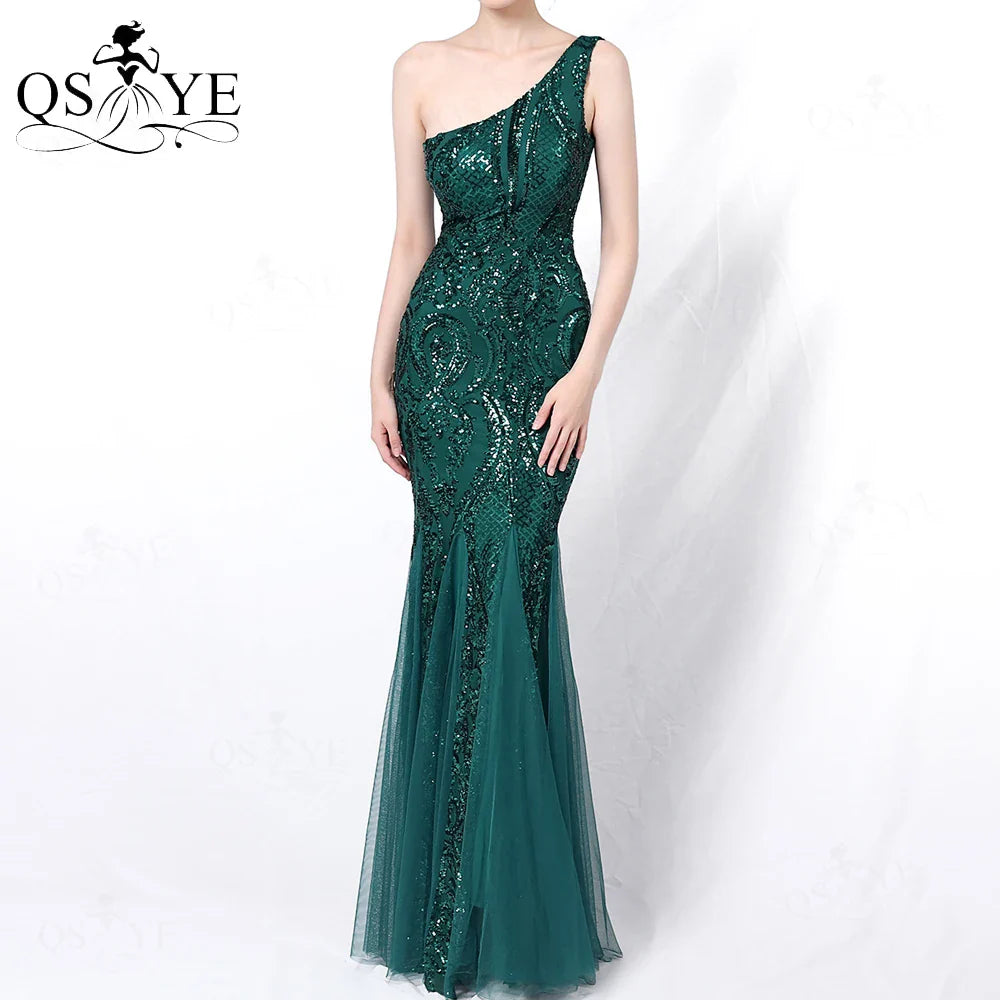 One Shoulder Sequined Black Evening Dresses Glitter Pattern Lace Mermaid Prom Gown Long Formal Party Women Fashion Dress 2025