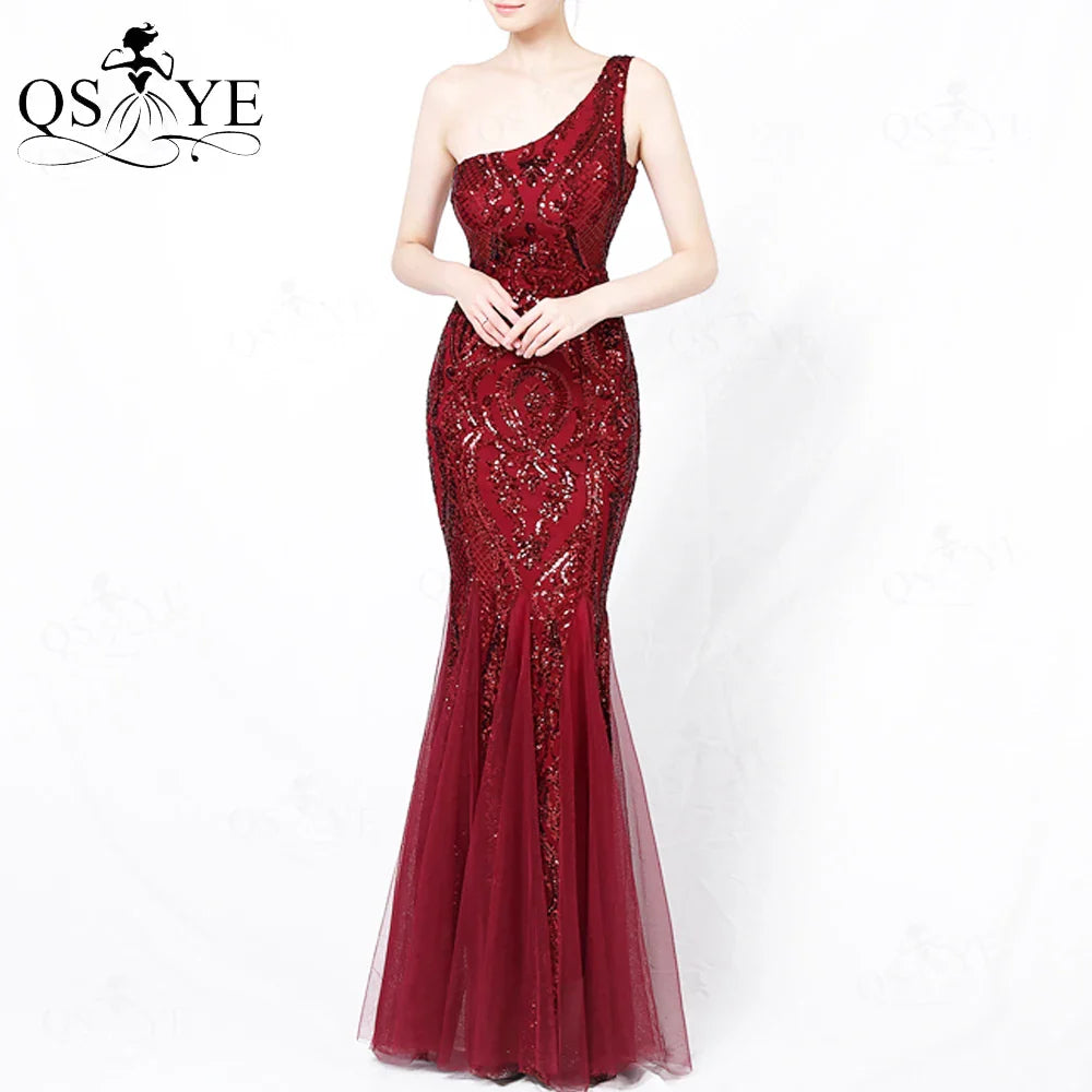 One Shoulder Sequined Black Evening Dresses Glitter Pattern Lace Mermaid Prom Gown Long Formal Party Women Fashion Dress 2025