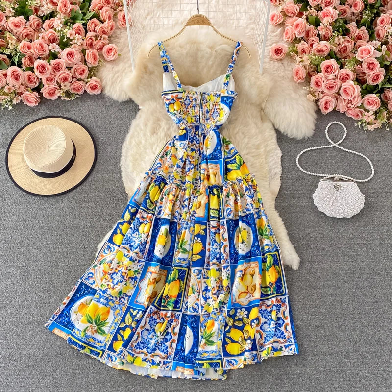Summer Bohemian Sleeveless Long Dress Women's Sexy Spaghetti Strap High Waist Flower Print Holiday Beach Dresses Vestido M78905