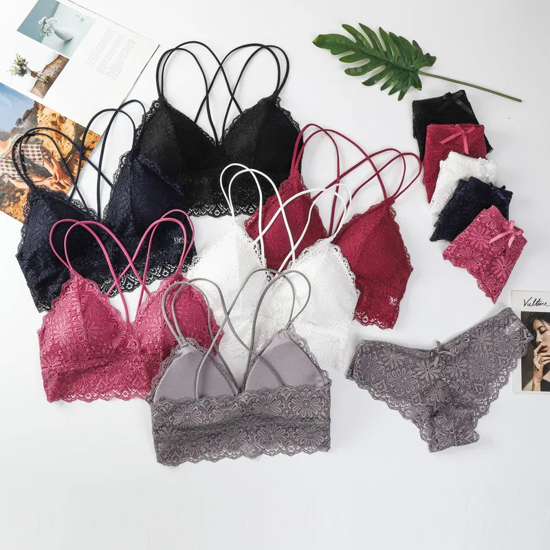 Women Lace Sexy Lingerie Set Push Up Bra Low-Rise Panties Underwear Set Sexy Wireless Bralette Comfort Breathable Brief Set