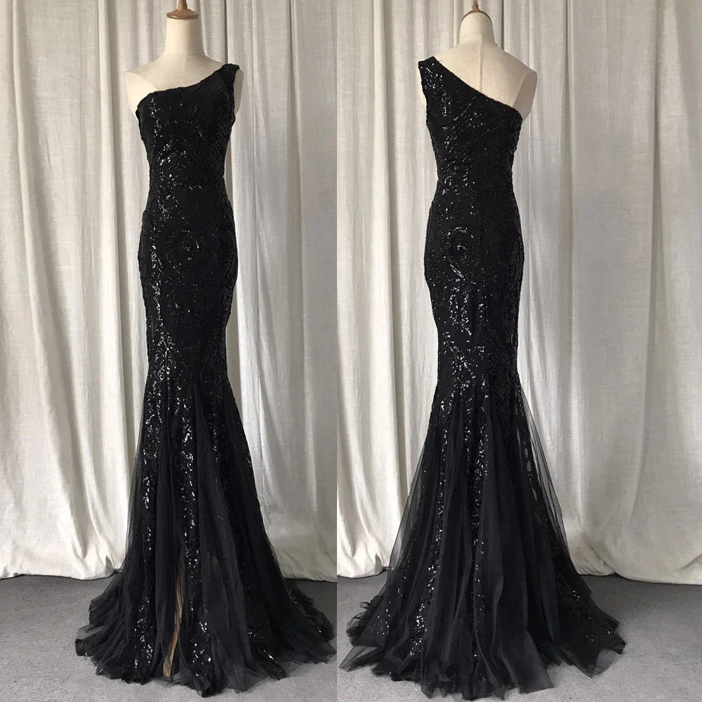 One Shoulder Sequined Black Evening Dresses Glitter Pattern Lace Mermaid Prom Gown Long Formal Party Women Fashion Dress 2025