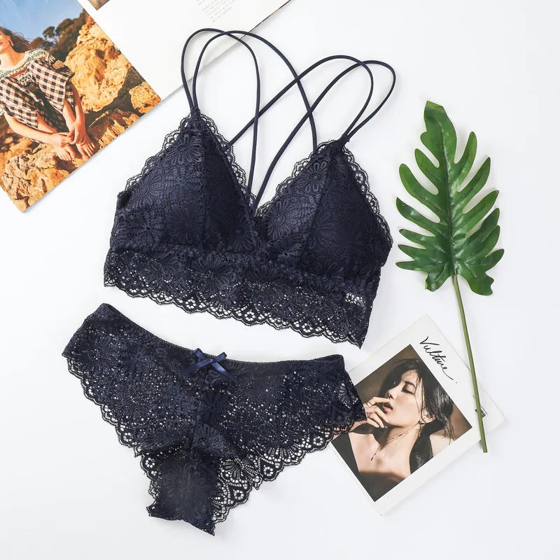 Women Lace Sexy Lingerie Set Push Up Bra Low-Rise Panties Underwear Set Sexy Wireless Bralette Comfort Breathable Brief Set