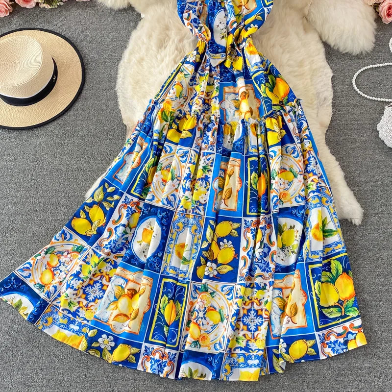 Summer Bohemian Sleeveless Long Dress Women's Sexy Spaghetti Strap High Waist Flower Print Holiday Beach Dresses Vestido M78905