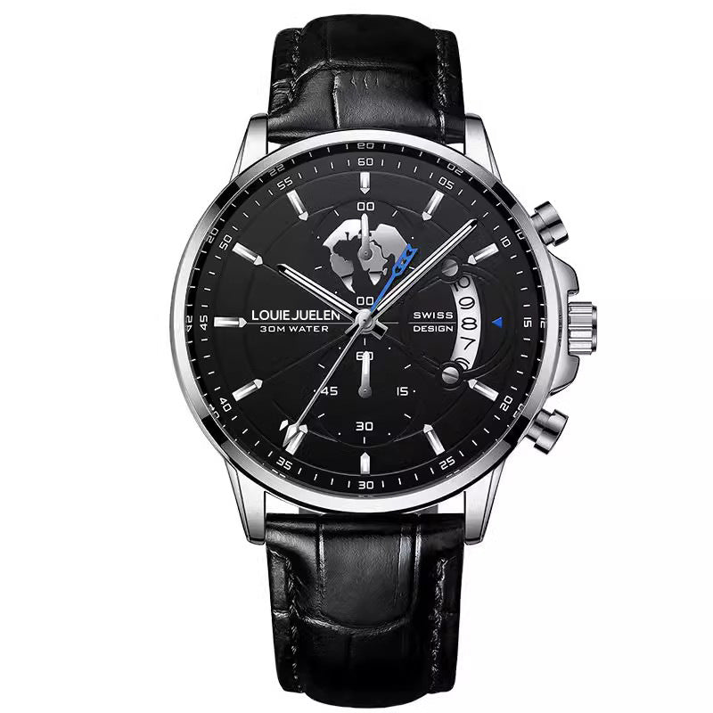 Business Three-eye Timing Leather Luminous Watch Steel Band