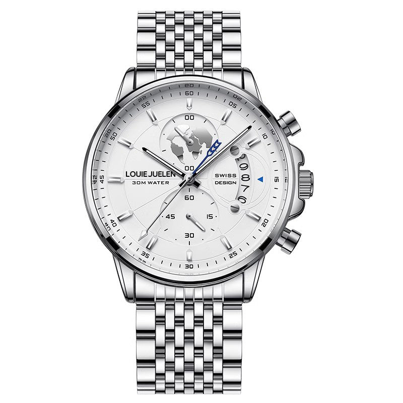Business Three-eye Timing Leather Luminous Watch Steel Band