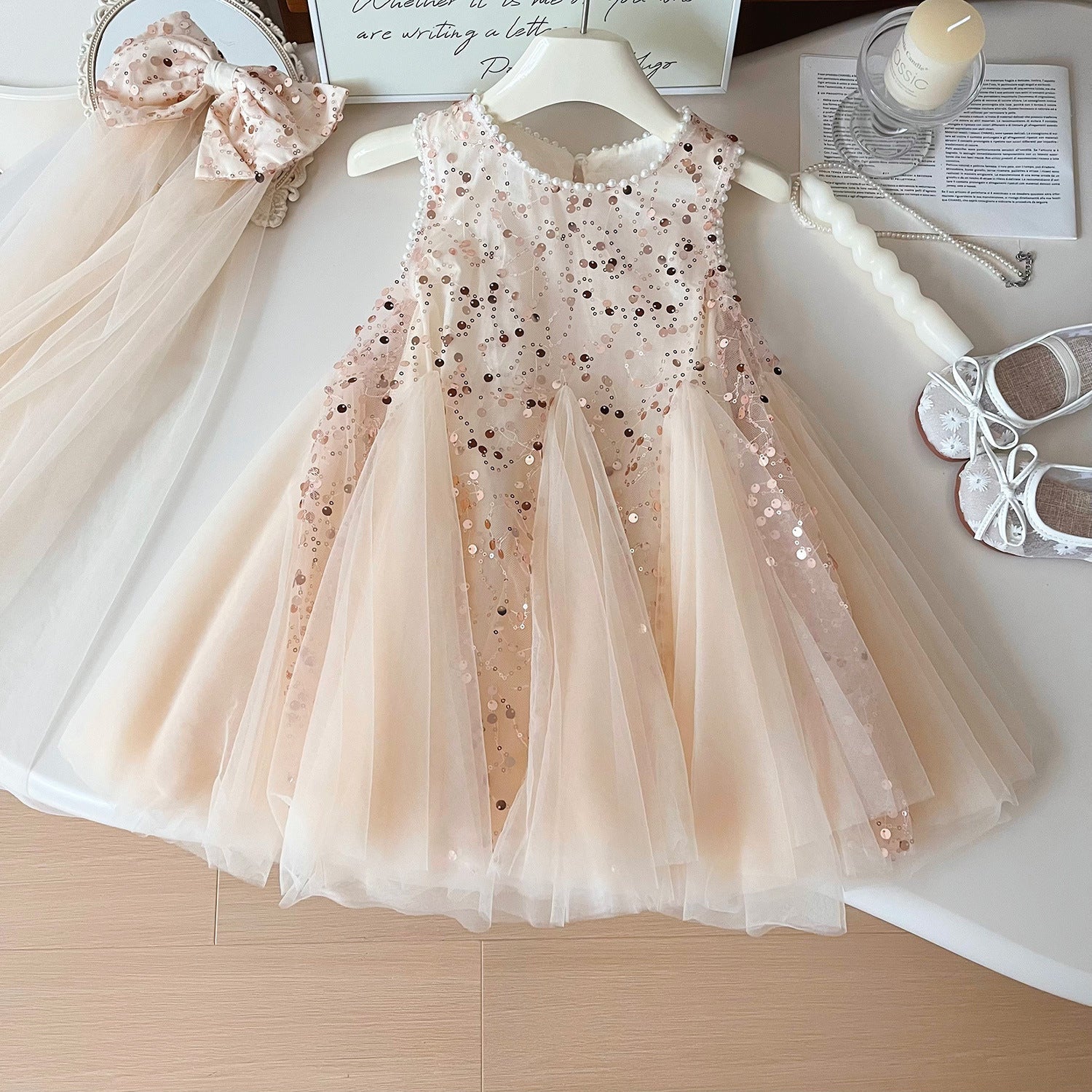 Summer New Korean Girls Beaded Sleeveless Dress Girls Sequined Mesh Princess Dress