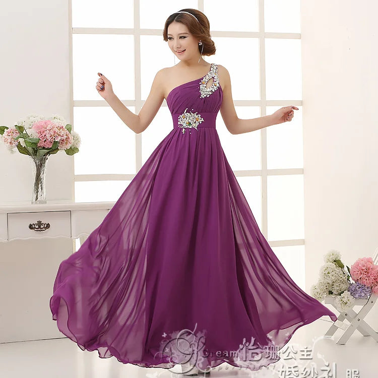 M108 Customized One Shoulder Chiffon Bridesmaid Dresses Bride Crystal Acrylic Diamond Jewelry Sexy Bespoke Occasion Dress Long