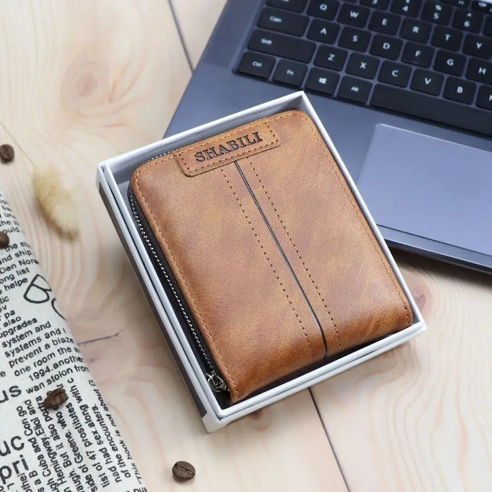 PU Leather Men Short Wallet with Zipper Multiple Card Slots Card Holder Solid Color Large Capacity Business Coin Purses Boy