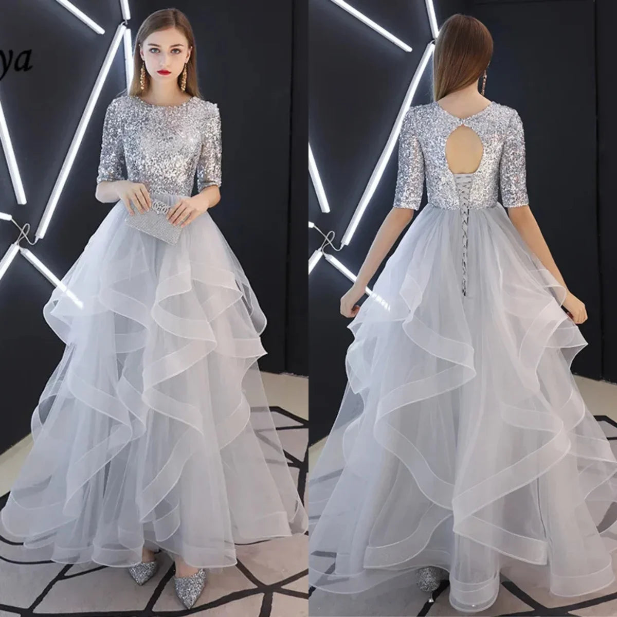 It's YiiYa Evening Dresses Gray Sequins Half Sleeve Tiered Hems Floor-length Fromal Plus size Party Gowns LX1398 robe de soiree
