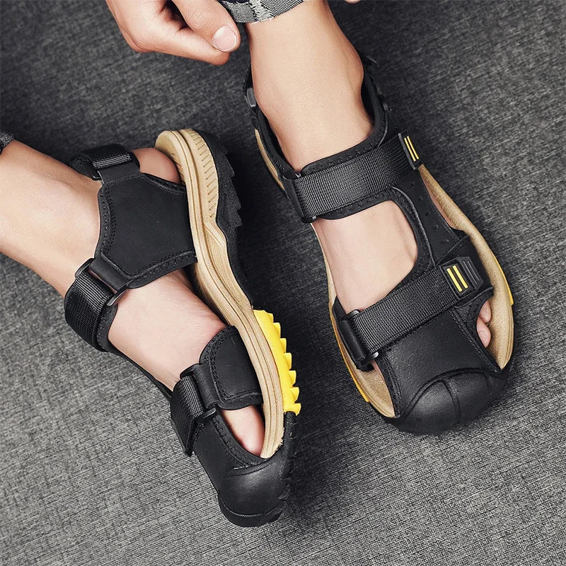 Summer Breathable Genuine Leather Men Sandals Waterproof Non-Slip Large Size flip flops Beach shose For Outdoor Anti-Collision