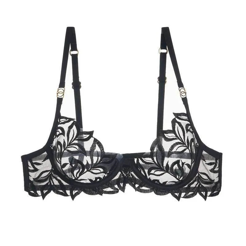 Lace Lingerie Bra & Brief Sets Women's Transparent Lace Bra Top Thin Cotton Sexy Embroidered Hollow Out T-back Soft Bra Set