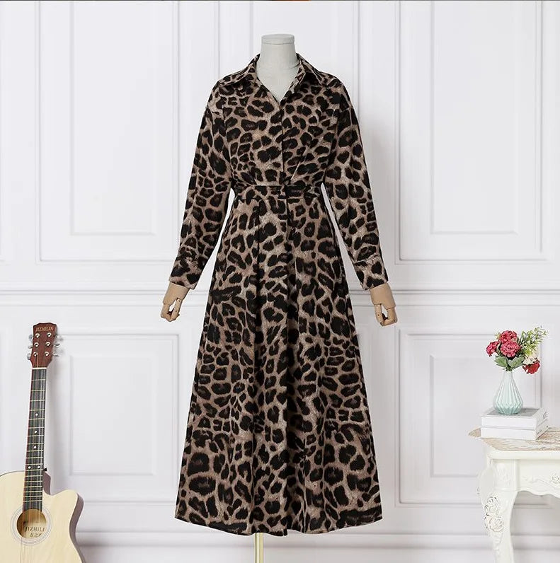 Temperament Summer Dresses for Women 2025 Fashion Leopard Print Long Sleeve Commuter Polo Large Swing long Elegant Dress Clothes