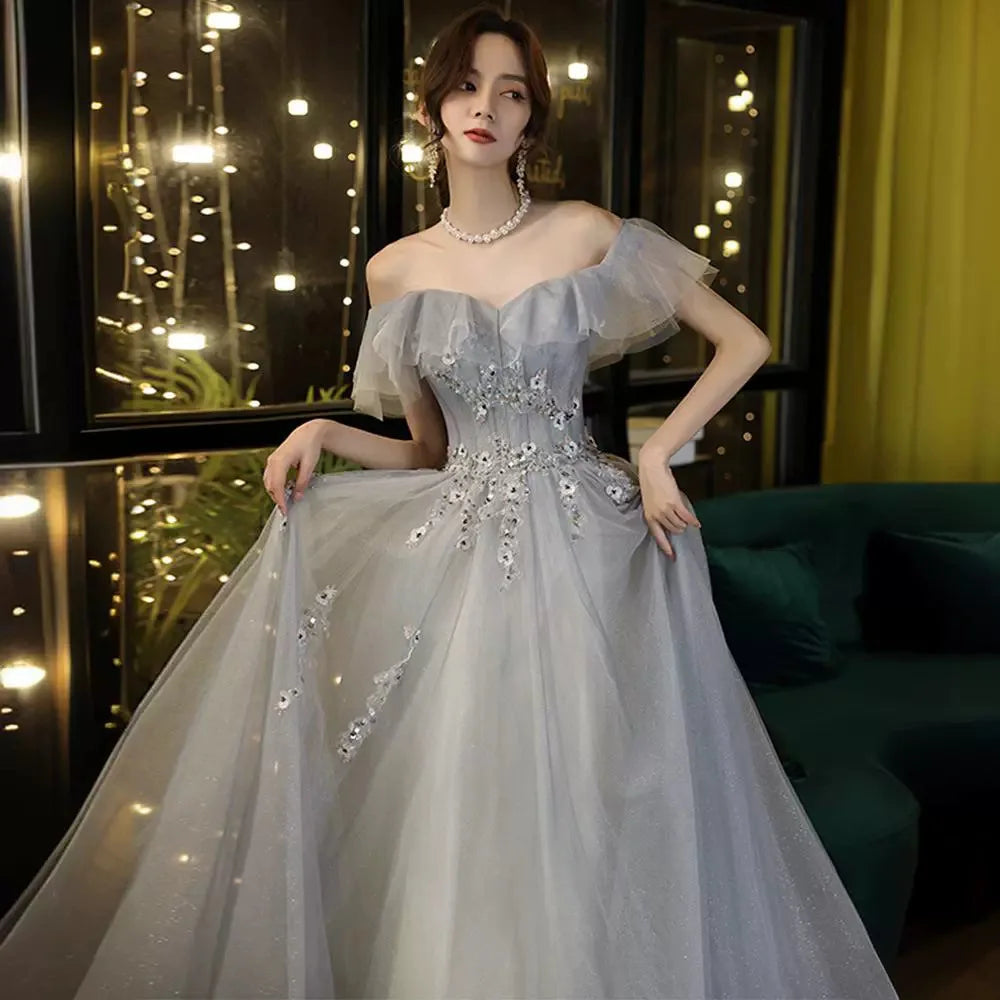 Faionable ay Blue One oulder Evening Gown Summer Season Midi Skirt Solo Singing Art Exam Ele Personali