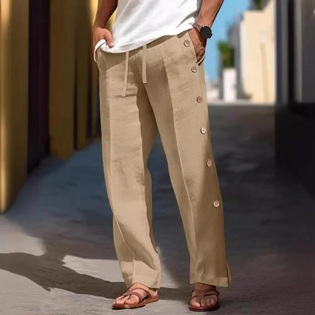 Men Casual Pants Loose Side Pockets Drawstring Elastic Waist Side Button Closure Quick-drying Beach Sweatpants Long Trousers
