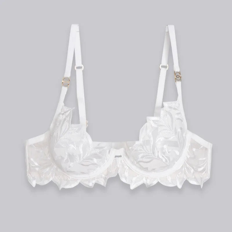 Lace Lingerie Bra & Brief Sets Women's Transparent Lace Bra Top Thin Cotton Sexy Embroidered Hollow Out T-back Soft Bra Set