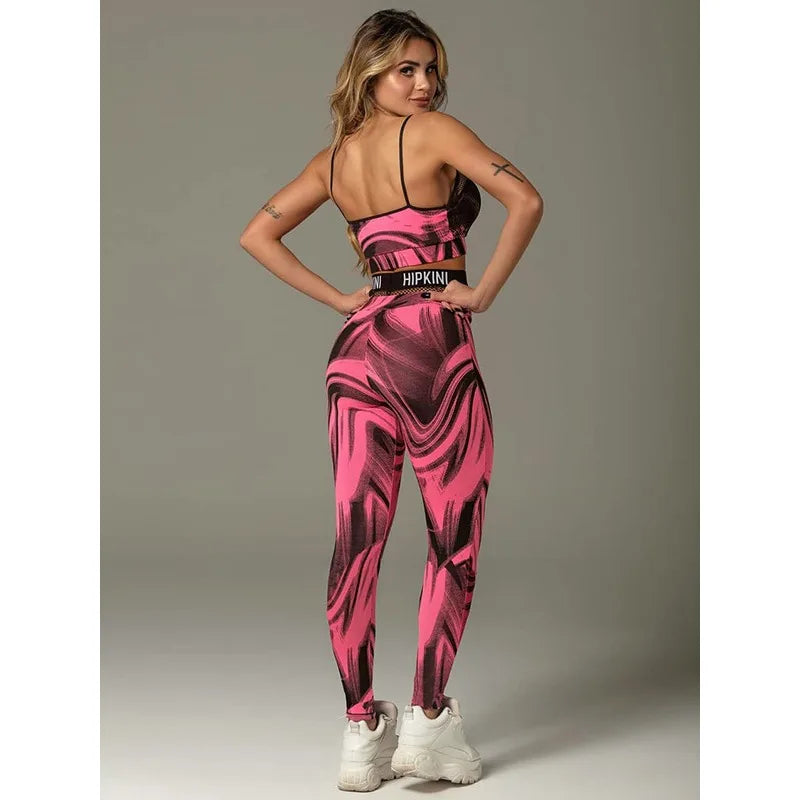 Krisnanas 2 Piece Yoga Sets 2025 Mesh Split-Joint Letter Print Tanks Tops&Leggings Sporty Training Pink Pants Suit 92105