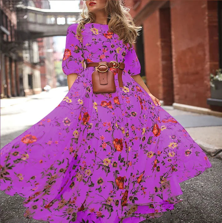 Spring Summer Vintage Flower Floral Print Maxi Dress Office Lady Fashion Elegant Long Sleeve O-neck Dresses For Women 2024