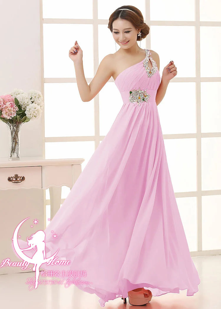 M108 Customized One Shoulder Chiffon Bridesmaid Dresses Bride Crystal Acrylic Diamond Jewelry Sexy Bespoke Occasion Dress Long
