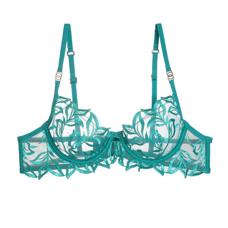 Lace Lingerie Bra & Brief Sets Women's Transparent Lace Bra Top Thin Cotton Sexy Embroidered Hollow Out T-back Soft Bra Set
