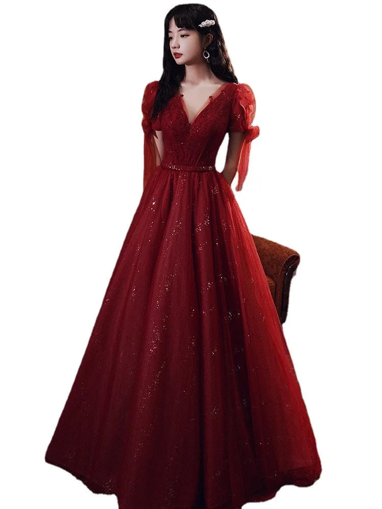New wine sweat long lady girl bridesmaid dress performance prom gown dress