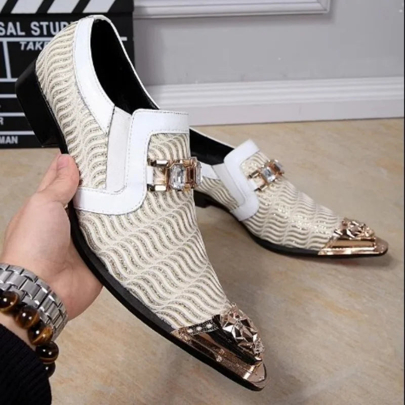 White Golden Breathable Pointy Shoes Men for Ktv Bars Leather Shoes British Men's Performance Shoes Personalized Fashion Loafers