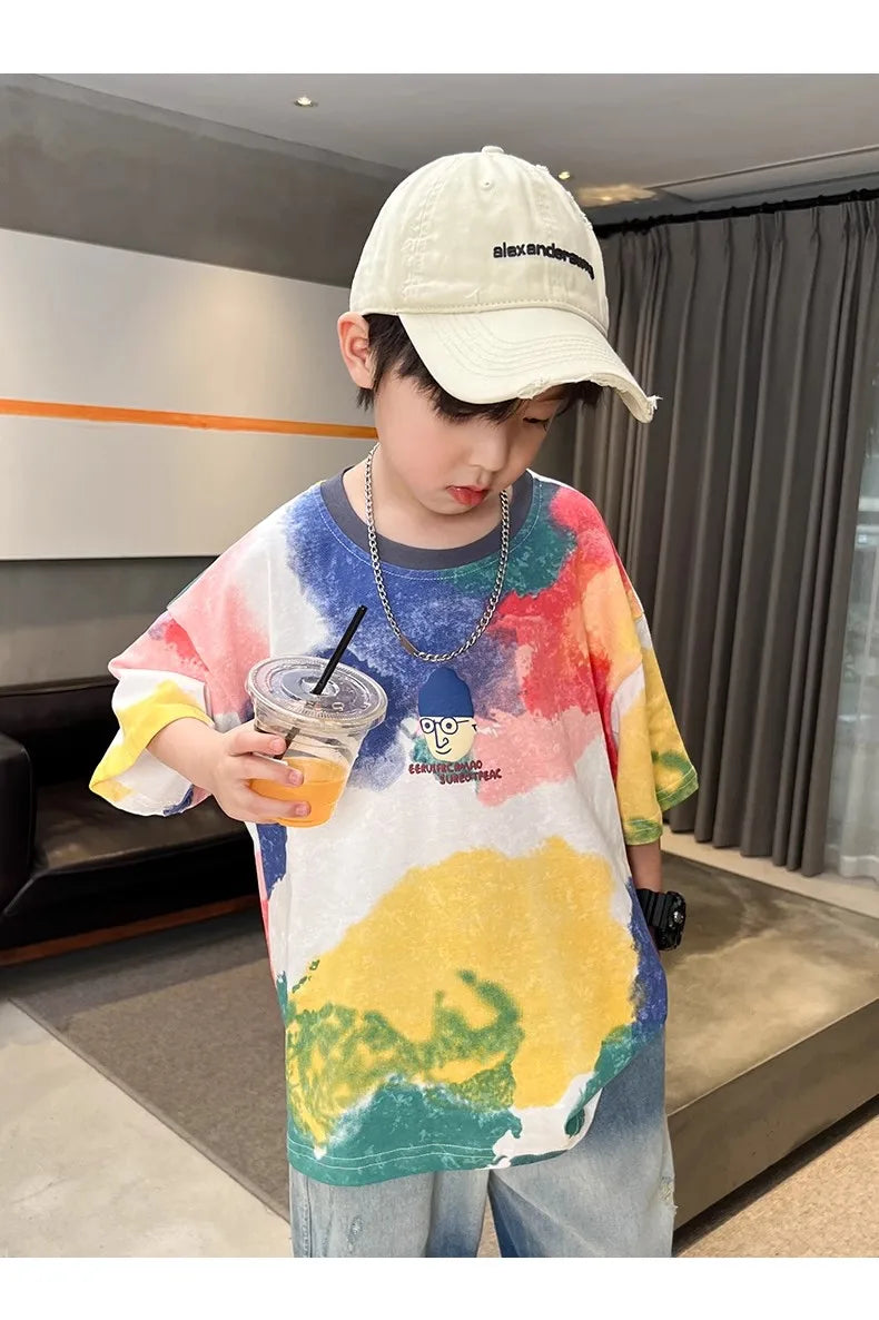 Summer Boys T-shirt High Quality Sweat Wicking Breathable Top Digital Spray Printed Children's Clothing High Street Kids Clothes