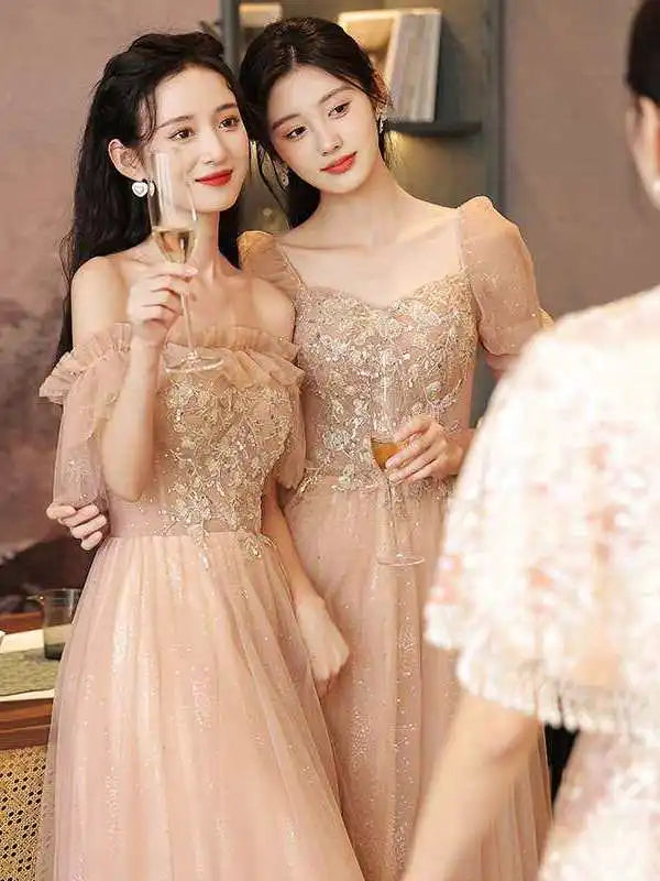 Pink Wedding Bridesmaid Dr Summer Fairy Small Senior ort Sve mid Waist Princ Sve Polyester Fiber Evening Gown