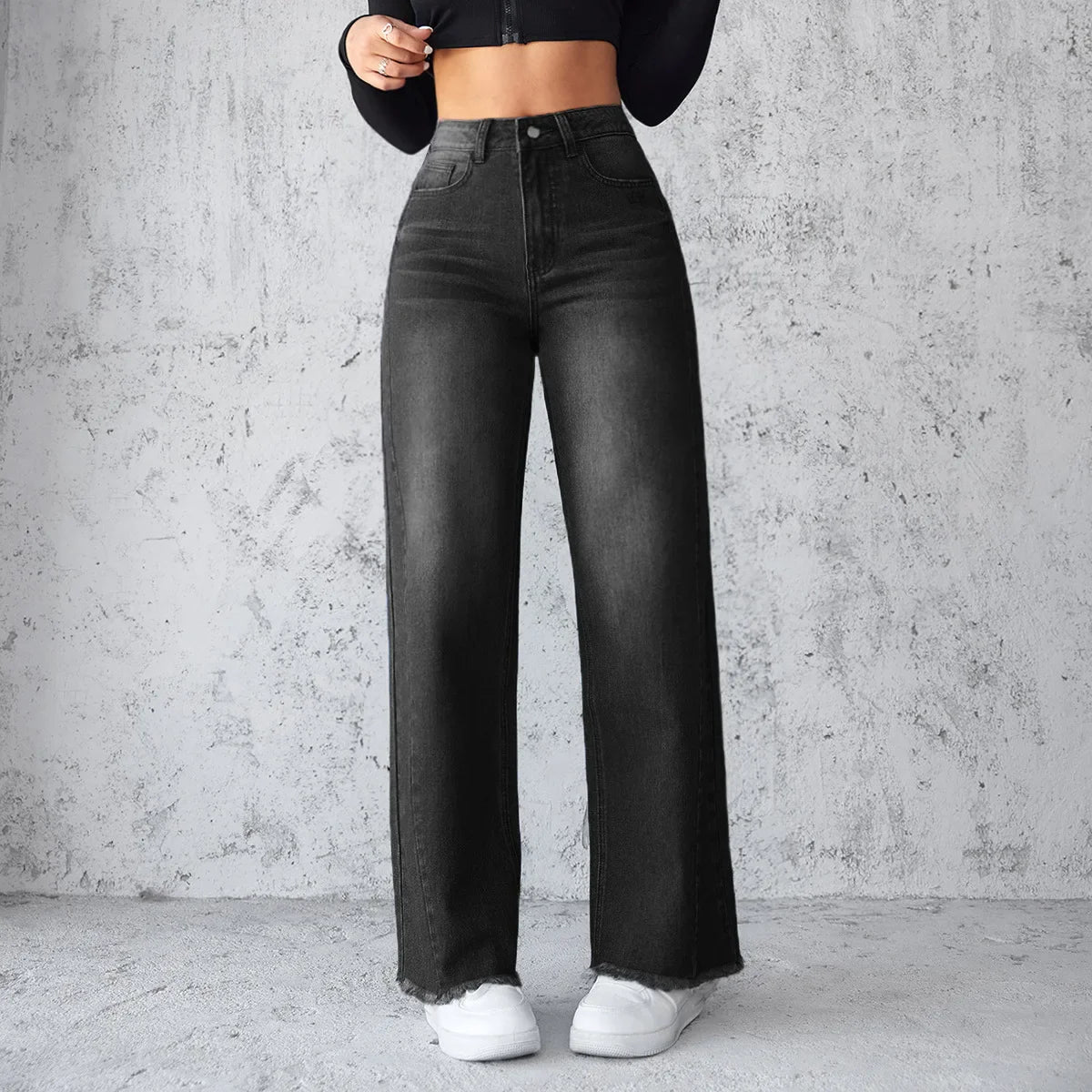 Street Sle High Waist Wide Leg Straight Jeans Women's No Stretch Denim Pants Casual Faion Pure Color Long Trousers