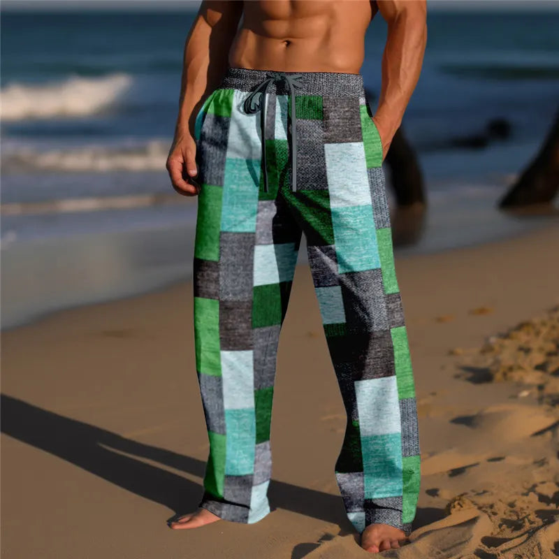Plaid Color Block Men's Resort 3D Printed Casual Pants Trousers Elastic Waist Fit Straight-Leg Pant Summer Beach Pants 6XL