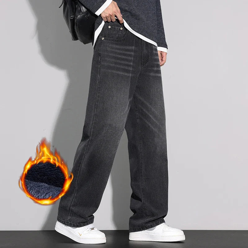 Fleece Jeans Men's Winter Fashion Straight Loose Thick Fleece Trousers Casual Vintage Streetwear Male Warm Plush Denim Pants