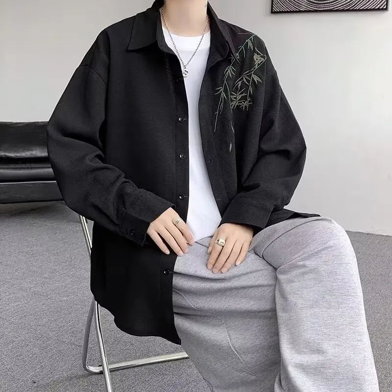 New Chinese Sle Long Sve Men's irt Embroidered Casual Thin Spring Loose Haome Cotton Flannel irt Jaet