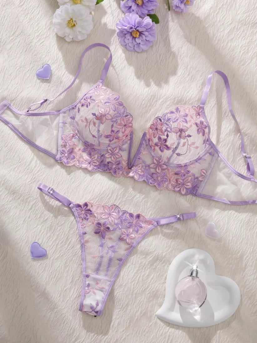 Sexy Lingerie Set Women Transparent Bralette Underwire 2 Piece Bra Floral Embroidery Push Up Bra Panty and Panty Set Underwear