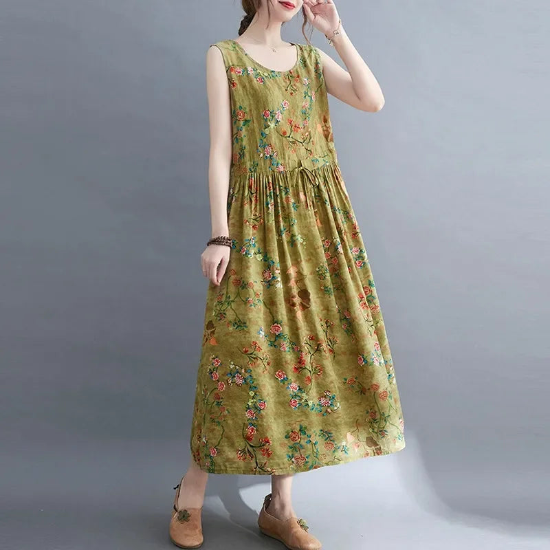 Women Summer Sleeveless Casual Dress New Arrival Vintage Style Floral Print Loose Cotton Linen Female Long Dresses V1069