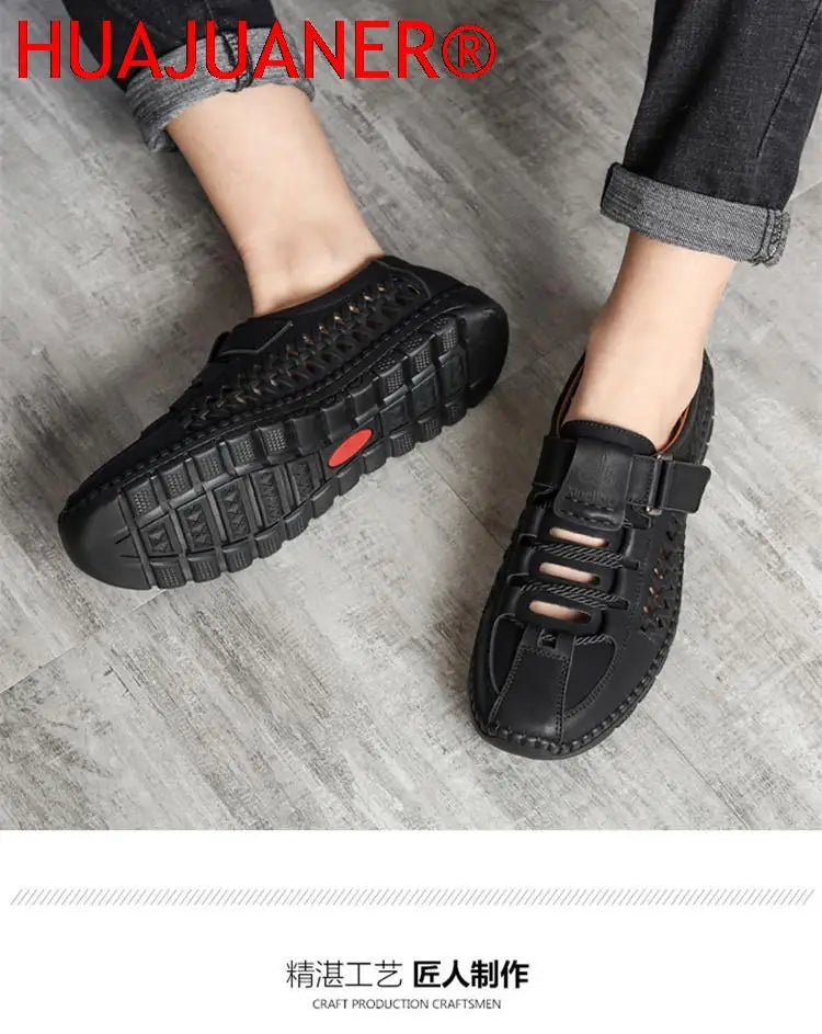 2025 Summer Men Sandals Leisure Breathable Comfort Mens Beach Shoes Fashion Solid Hand Sewn Male Flat Casual NEW Leather Sandals