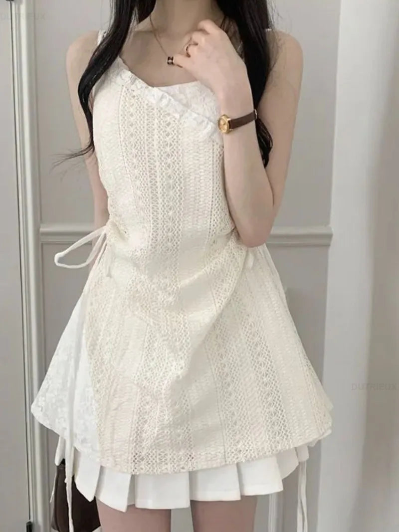 Summer Dress Women Chic French Lace Stitching Sling Shirt Stacked Gauze Knitted  Overskirt Inner Wear Base Short