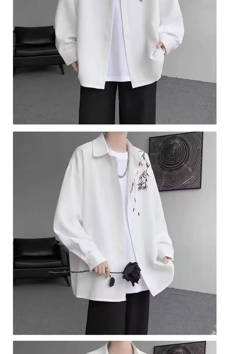 New Chinese Sle Long Sve Men's irt Embroidered Casual Thin Spring Loose Haome Cotton Flannel irt Jaet