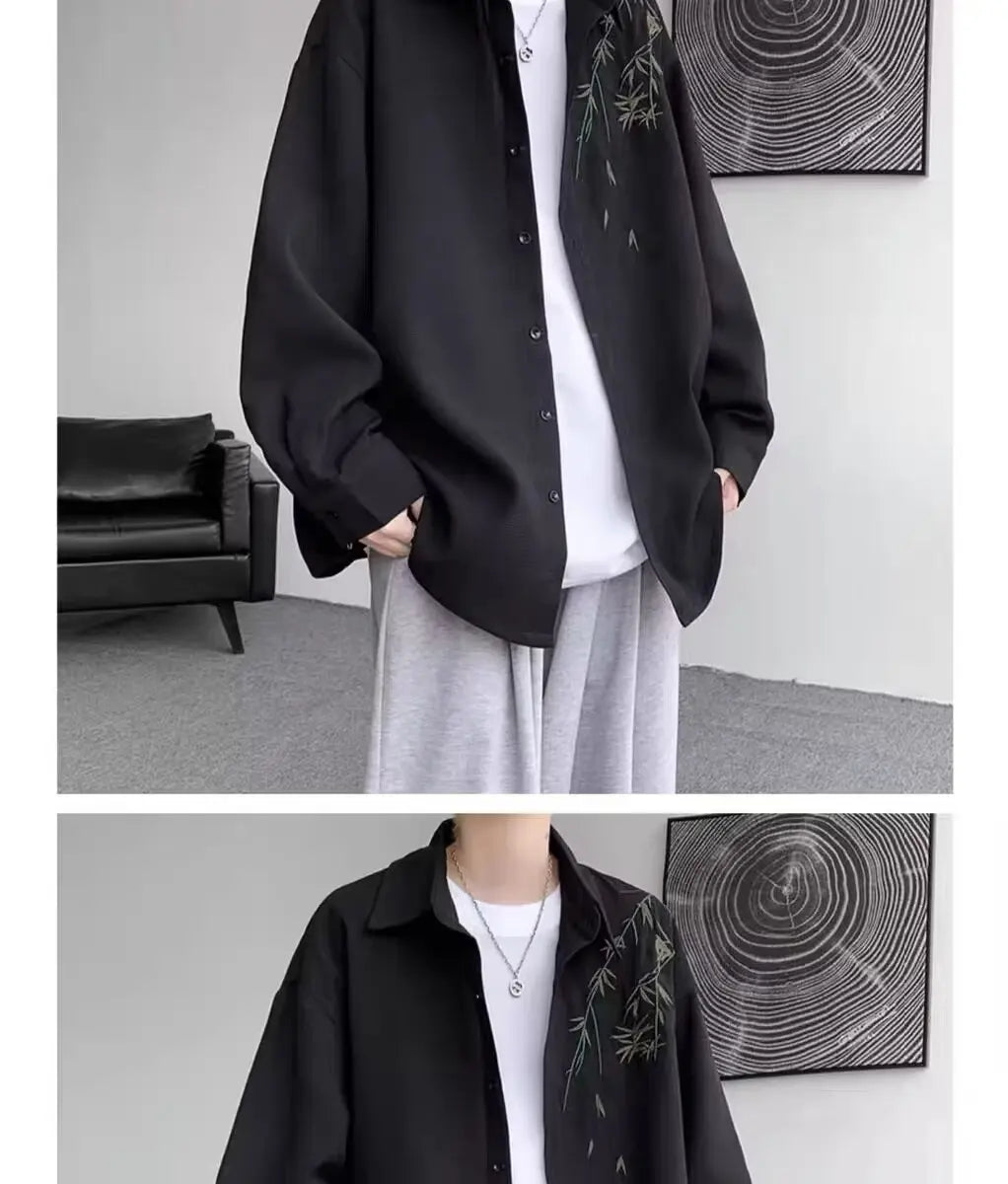 New Chinese Sle Long Sve Men's irt Embroidered Casual Thin Spring Loose Haome Cotton Flannel irt Jaet