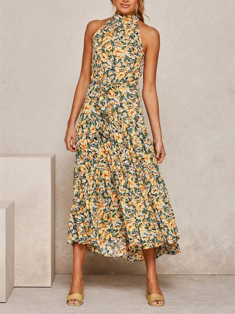 Boho Long Dress Women Flower Print Retro Party Dresses Female Shoulderless Lace Up Sleeveless Halter Summer Vintage Maxi Dress