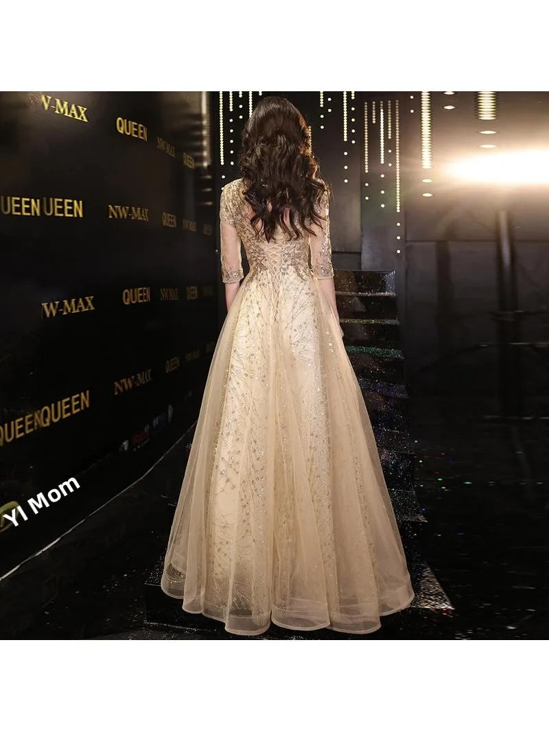 Ele Golden Evening Dr for Women Faionable Host Sle Midi Skirt Polyester Fabric Regular Sve mid Waist
