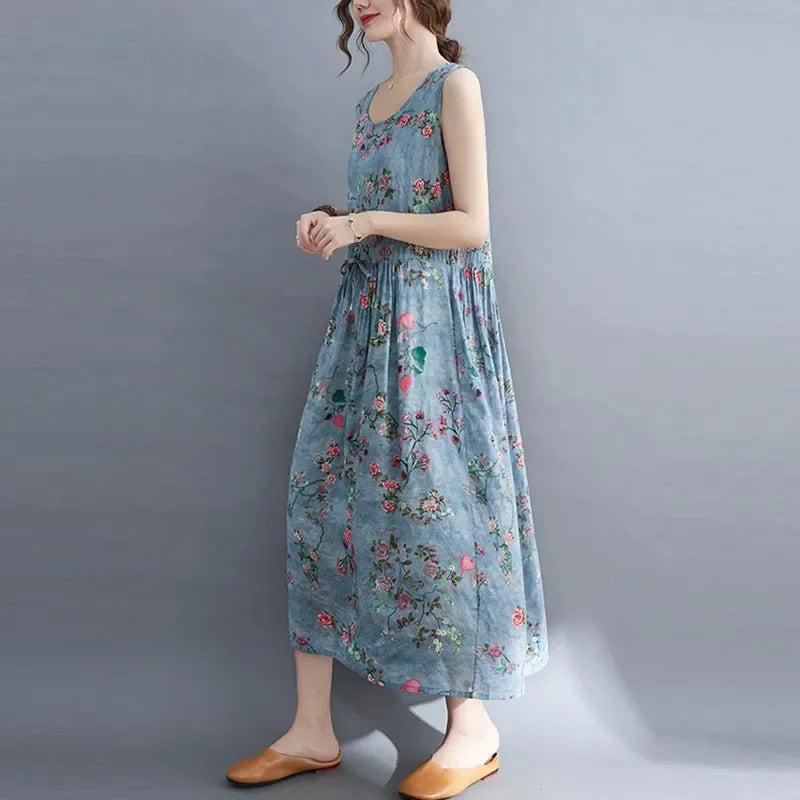 Women Summer Sleeveless Casual Dress New Arrival Vintage Style Floral Print Loose Cotton Linen Female Long Dresses V1069