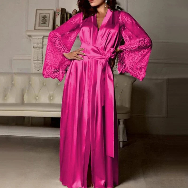 Women Long Bath Robe Summer Nightgown Lace Patchwork Lingerie Nightdress Sleepwear Sexy Robe Femme Nightgown Bridesmaid Robes