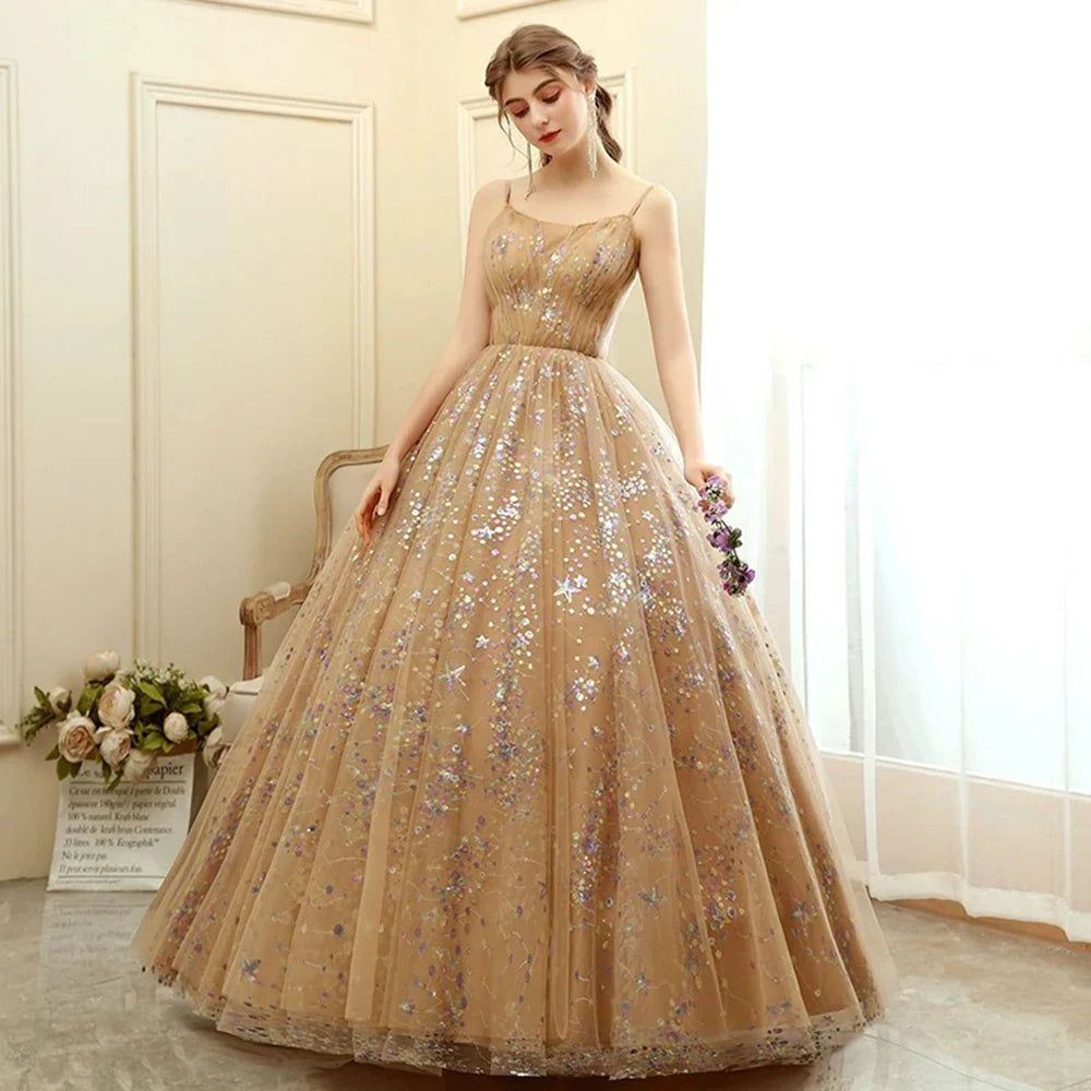 Customized Fashion Women Evening Dresses Spaghetti Straps Sequins Tulle Prom Birthday Party Gowns Formal Vestido De Noche