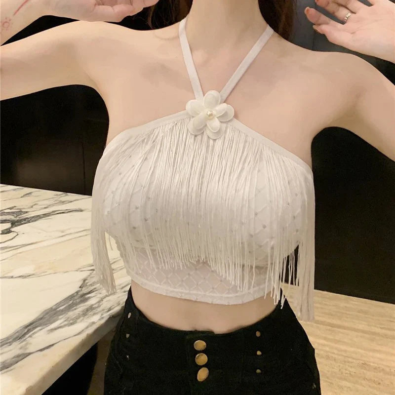 New Small Fragrant Wind Tassel With Diamond Halter Vest Bright Crystal Within The Single Wear Neck Sleeveless Bust Female