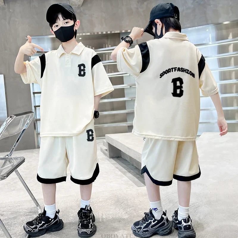 Boys Summer Clothing Set 2025 New Casual Cotton Turn Down Collar Polo Shirt & Shorts Two Piece Suit Teenage Clothes Tracksuit