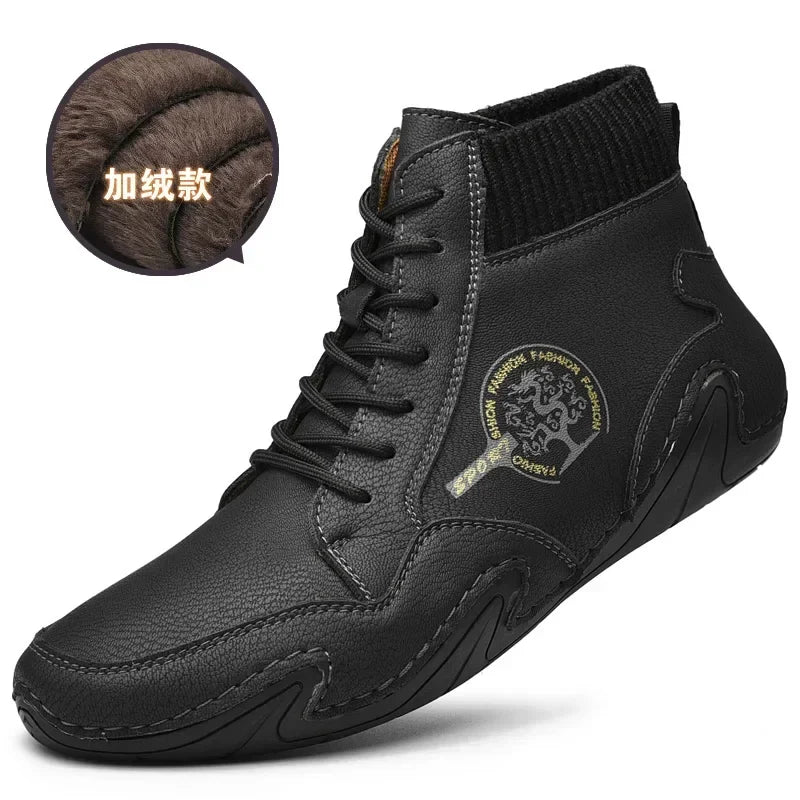Winter Leather Men Boots with Fur Warm Snow Boots Men Comfort Casual Shoes Sneakers High Top Western Ankle Boots Waterproof